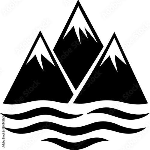 Snow capped mountains with water waves landscape minimalist black silhouette vector icon
