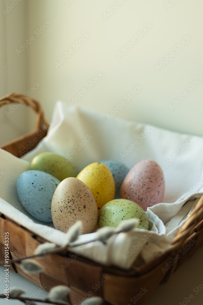 Fototapeta premium Easter eggs in a basket. Preparation for Easter celebration.