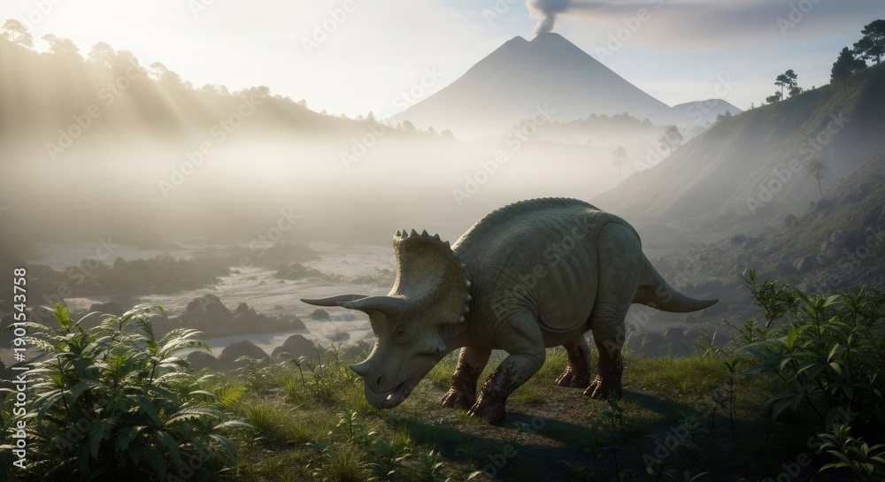 Fototapeta premium Triceratops dinosaur grazing in a prehistoric landscape with a smoking volcano and misty atmosphere. Ancient earth concept for education or nature.