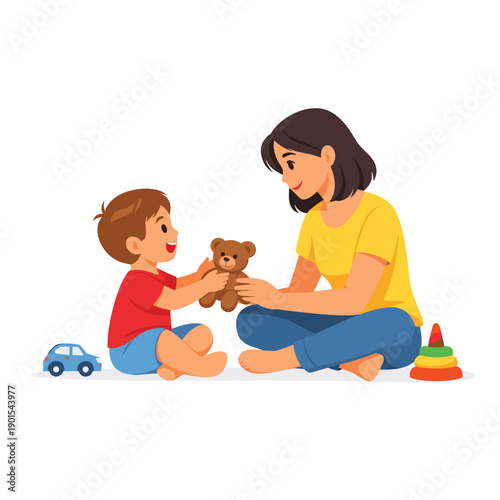 Mother and child playing with toys and a teddy bear