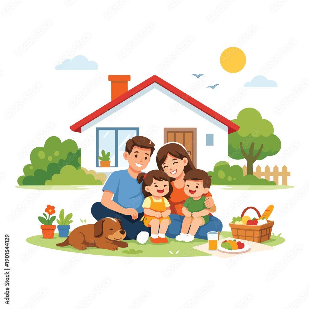 Fototapeta premium Family picnic in the garden with pets and food