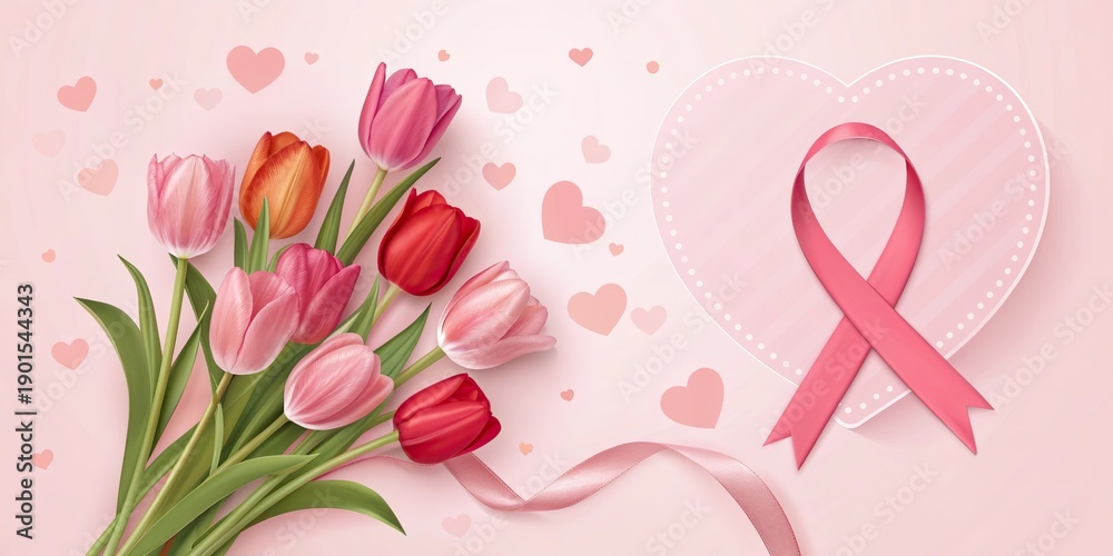 Fototapeta premium Happy Women Day 8 march banner with pink tulips bouquet hearts and ribbon on soft pastel background.