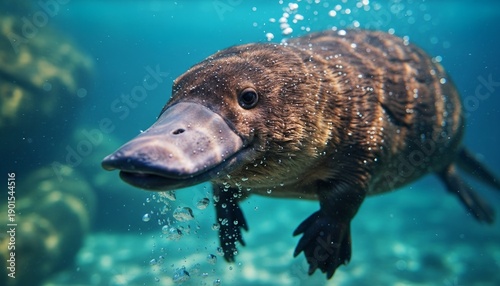 Close-up of platypus swimming underwater, duck bill prominent