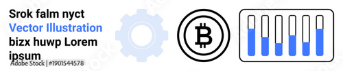 Bitcoin currency icon, gear shape, and bar chart progress graphic. Ideal for technology, finance, blockchain, cryptocurrency, data analytics, economic growth simple landing page