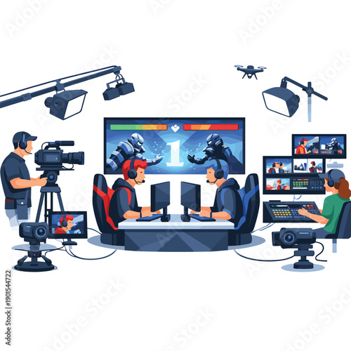 Esports live streaming event with gamers and crew