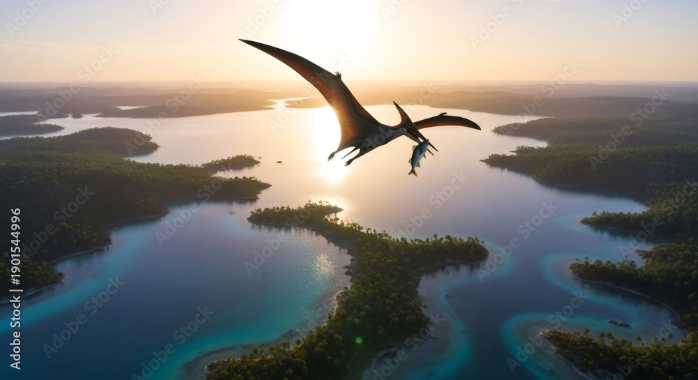 Naklejka premium Pteranodon dinosaur flying with fish prey over an ancient, pristine tropical landscape at sunset. Prehistoric life concept artwork.