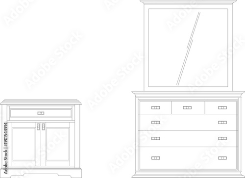 Technical vector illustration of bedroom furniture elevations, featuring a classic chest of drawers and a dressing table with a large mirror.