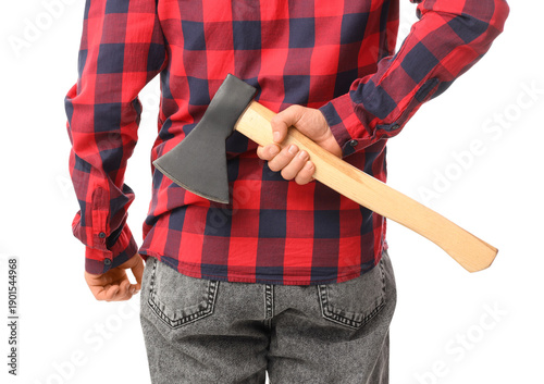 Man hiding ax behind back o...