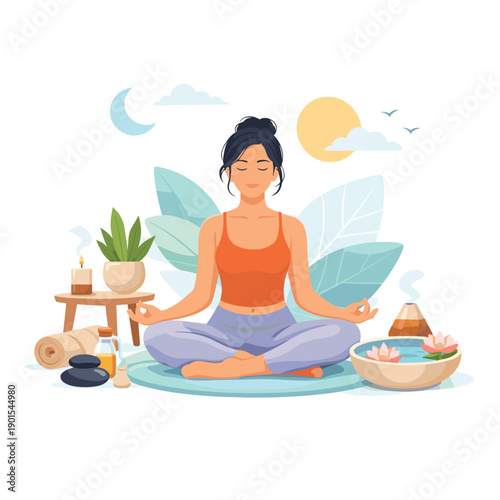 Woman meditating with wellness elements in serene environment