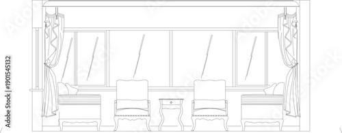 Technical vector illustration of a large window elevation, featuring ornate curtains, classic armchairs, and a side table in black line art.