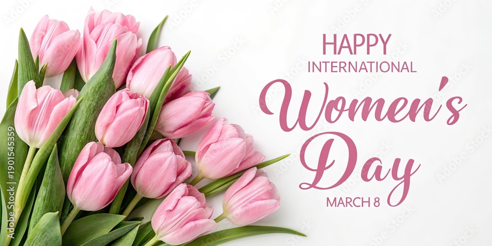 Fototapeta premium Happy Women Day 8 march banner with pink tulips bouquet hearts and ribbon on soft pastel background.