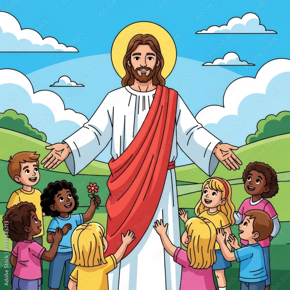 Obraz premium Jesus christ embracing diverse kids in a green meadow with blue sky. Christian education and childrens bible story for Easter.