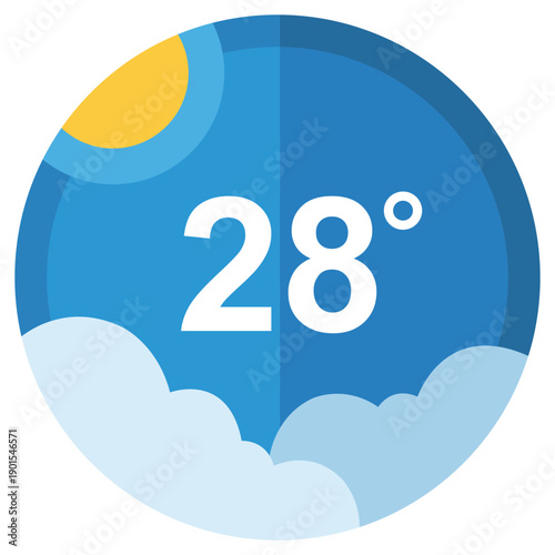 Photos Weather Forecast: An illustrated weather forecast icon featuring a sun and clouds, displaying a temperature of 28 degrees