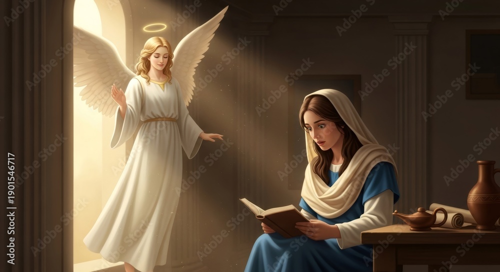 Fototapeta premium Young woman Mary startled by angel Gabriel making annunciation. Biblical scene for religious art, Christian education, and holiday commemoration.