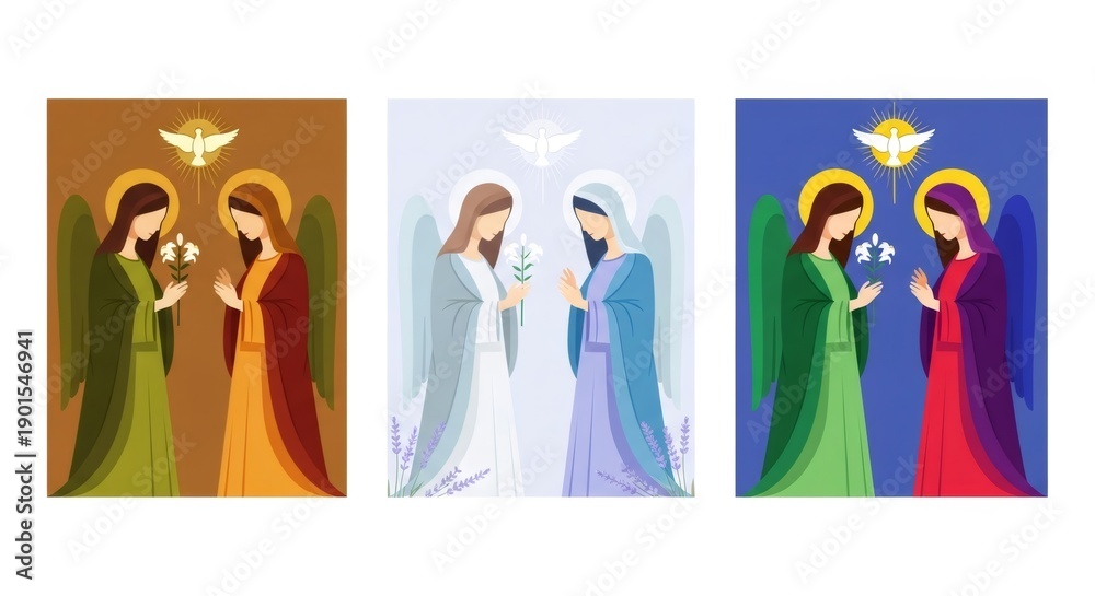 Fototapeta premium Annunciation in three colorful holy depictions with angel Gabriel offering lily to Mary under holy spirit dove for Christianity and Palm Sunday.
