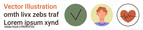 Health, identity, approval, digital services, authentication, biometric tech. Green checkmark, headshot and heart with an ECG line. Health and identity approval in digital services concept