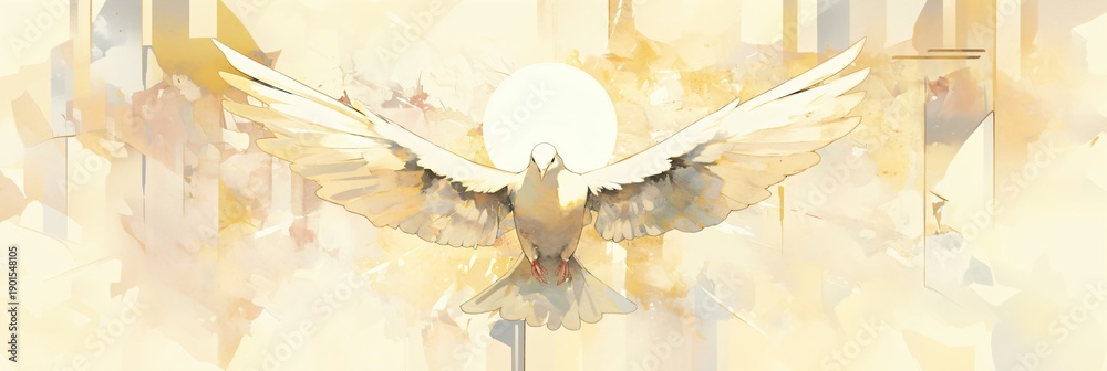 Obraz premium Watercolor illustration of a white dove flying upward. Spiritual concept, symbolizing guidance, peace, and hope for Easter. Banner with copy space
