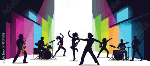 Band Performing on Stage with Bright Lights.