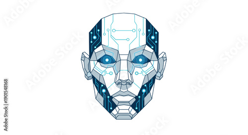 Abstract Geometric Stylized Robot Face Featuring Sharp Angles, Interconnected Circuit Patterns, and Luminous Blue Eyes Against a White Background.