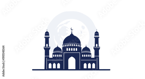 Calm Dark Blue Silhouette of a Grand Mosque with Multiple Domes and Minarets, Set Against a Clean White Background Featuring a Faint Circular Moon Shape.