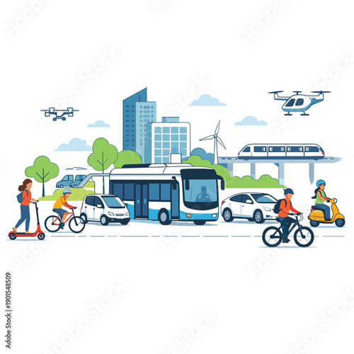 Urban transportation scene with various vehicles and people