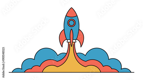 A colorful cartoon rocket ship blasting off into the sky with vibrant clouds and flames
