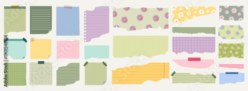 Torn paper note collection in pastel spring colors with floral pattern and tape