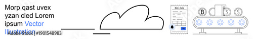 Cloud computing, automation, fintech, digital transactions, billing systems, technology innovation. A cloud symbol, an invoice and a conveyor belt with currency coins. Cloud computing and automation