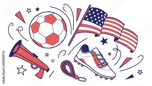 Floating sports elements (ball, soccer cleat, whistle), dynamic composition, US colors, white background.