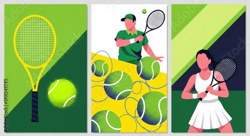Tennis Illustrations Featuring Athletes in Action and Equipment on Green Textured Backgrounds