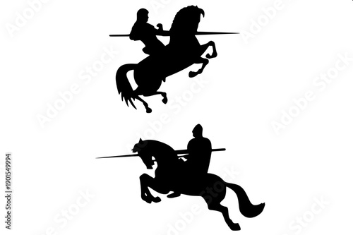 Heroic rider with curved sword on rearing steed silhouette, dynamic pose, bold black shapes, no details, emblem/logo design.