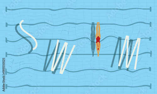 Stylized top view illustration of swimming pool with water waves and swimmer. Concept of swimming training, motion, endurance and sport activity.