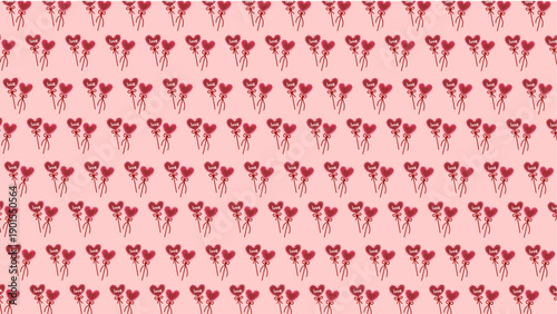 A repeating romantic pattern of two fuzzy, red heart-shaped lollipops tied together with a delicate ribbon bow.