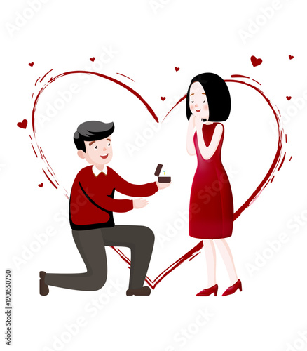 A man in a red sweater kneels to propose with a ring to a surprised woman in a red dress.