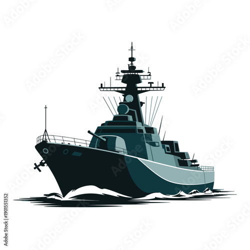 A large naval ship sailing through the ocean with a white background