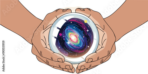 Hands Holding Crystal Ball with Galaxy.