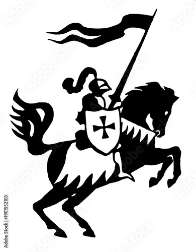 Medieval cavalry silhouette, rider with raised saber on rearing horse, strong negative space, monochrome vector, badge/crest composition.