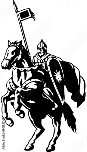 Medieval cavalry silhouette, rider with raised saber on rearing horse, strong negative space, monochrome vector, badge/crest composition.