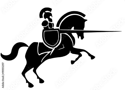 Medieval cavalry silhouette, rider with raised saber on rearing horse, strong negative space, monochrome vector, badge/crest composition.