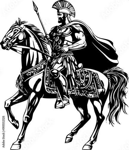 Medieval cavalry silhouette, rider with raised saber on rearing horse, strong negative space, monochrome vector, badge/crest composition.