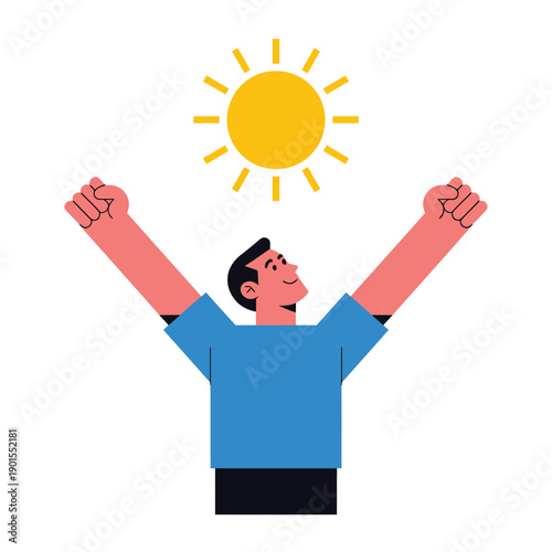 A man celebrating with arms raised under a bright sunny sky
