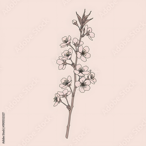 Delicate Spring Blossom Branch Botanical Drawing on Soft Pink Background