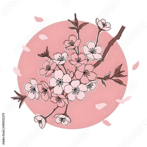 Cherry Blossom Branch with Pink Sakura Flowers and Falling Petals