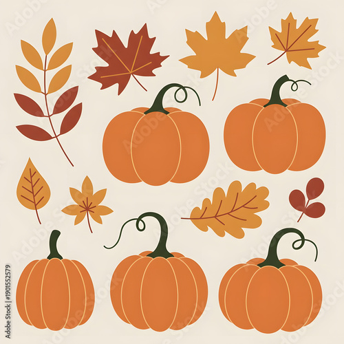 Autumn Pumpkin and Fall Leaves Collection with Maple and Oak Seasonal Elements