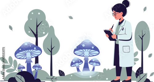 Female Scientist Examining Mushrooms in Forest.