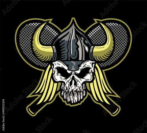viking skull mascot head withcrossed tennis rackets for school, college or league sports