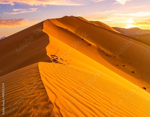 Golden dunes bask in the warmth of a sunset, with shadows and texture highlighting the landscape