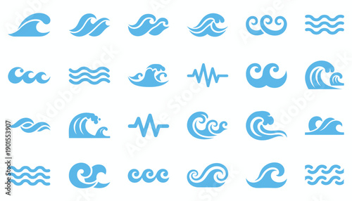 Collection of blue wave icons in various styles on white background.