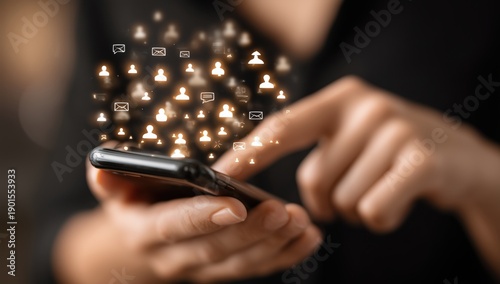 a person holding an iphone with icons of text messages and people floating above it, representing their contact list on the screen Generative AI