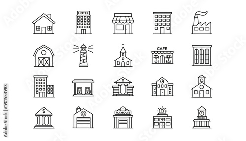 Collection of Simple Line Icons Representing Various Buildings and Architectural Structures.